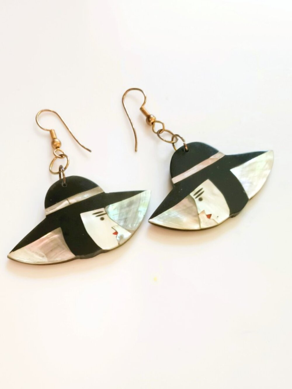 Lee Sands Abalone Lady in Hat Earrings Vintage 1970s Mother of Pearl Dangle/Drop